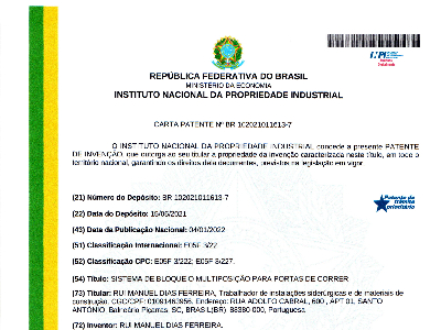 PATENTE PARA BLOQUEIO DE PORTAS DE CORRER